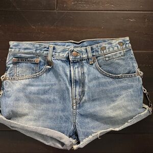 R13 Light Blue Distressed hook Jean Shorts